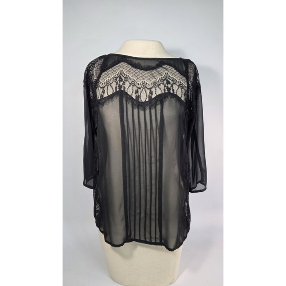 NWT LAUREN CONRAD Womens sz XS Black Powder Room Lace Pleats Sheer Evening Shirt